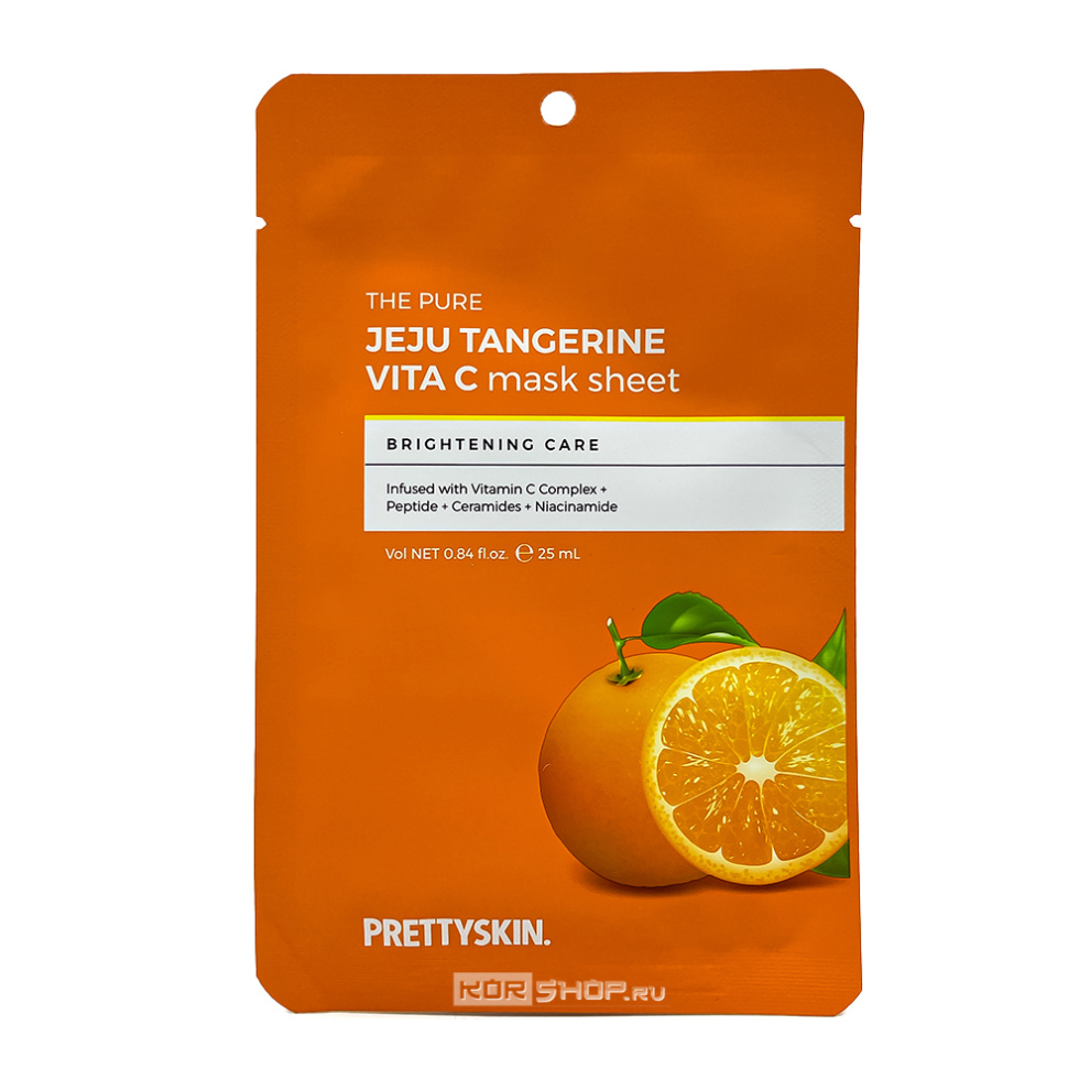 Маска тканевая с витамином C и экстрактом зелёного мандарина The Pure Jeju Tangerine Vita C Mask Sheet Prettyskin, Корея, 25 мл Акция