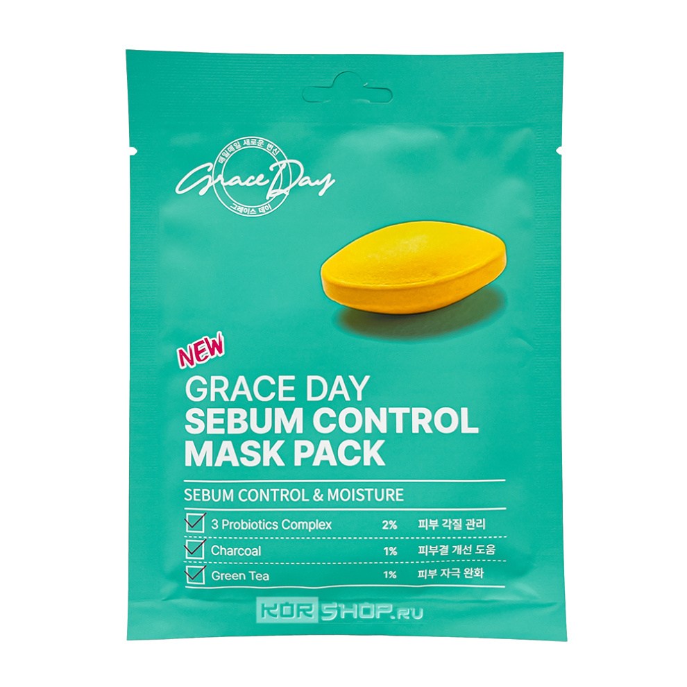 Тканевая маска для лица себорегулирующая с углем и пробиотиками Sebum Control Mask Pack Grace Day, Корея, 27 мл Акция