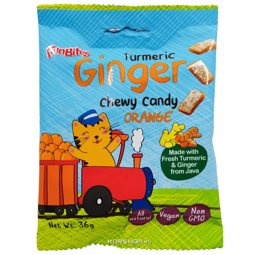 Жевательные конфеты с имбирем со вкусом апельсина FunBites, Индонезия, 36 г...