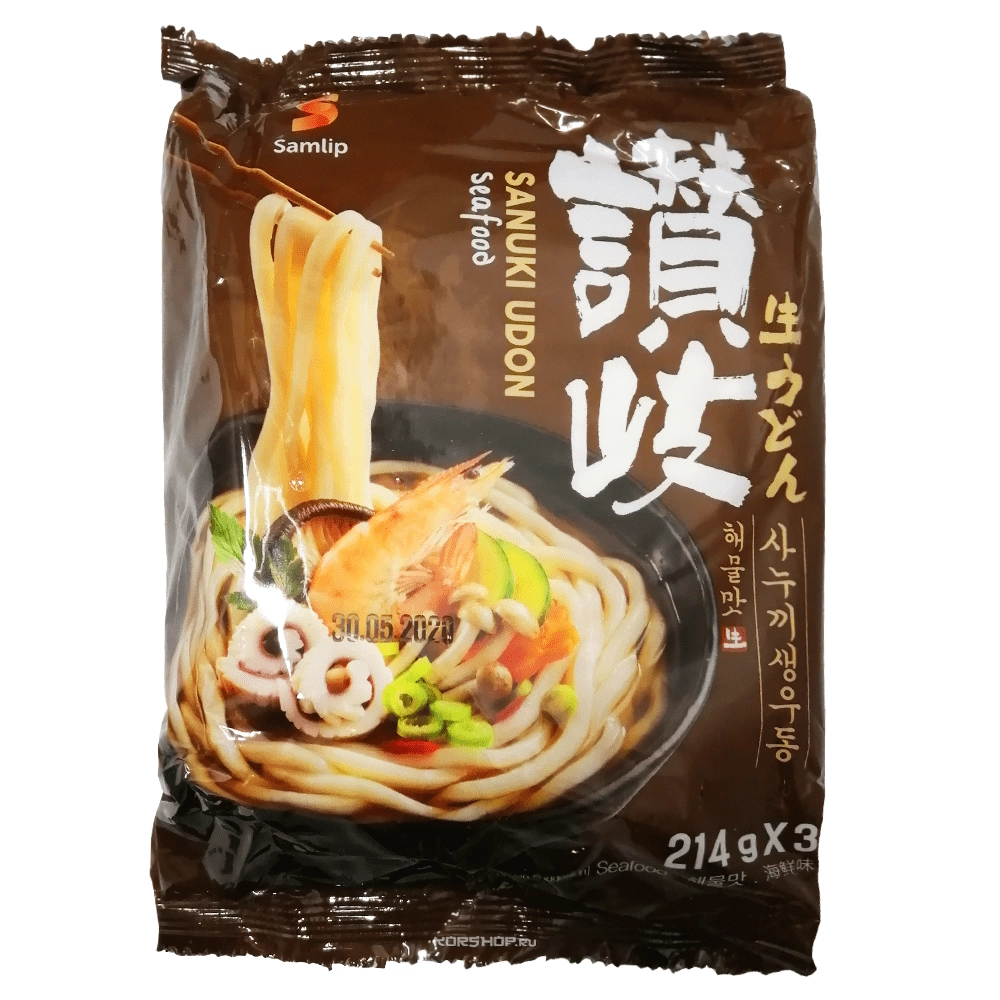 Лапша вареная удон (бульон с морепродуктами) Sanuki Samlip, Корея, 3 порции 642г