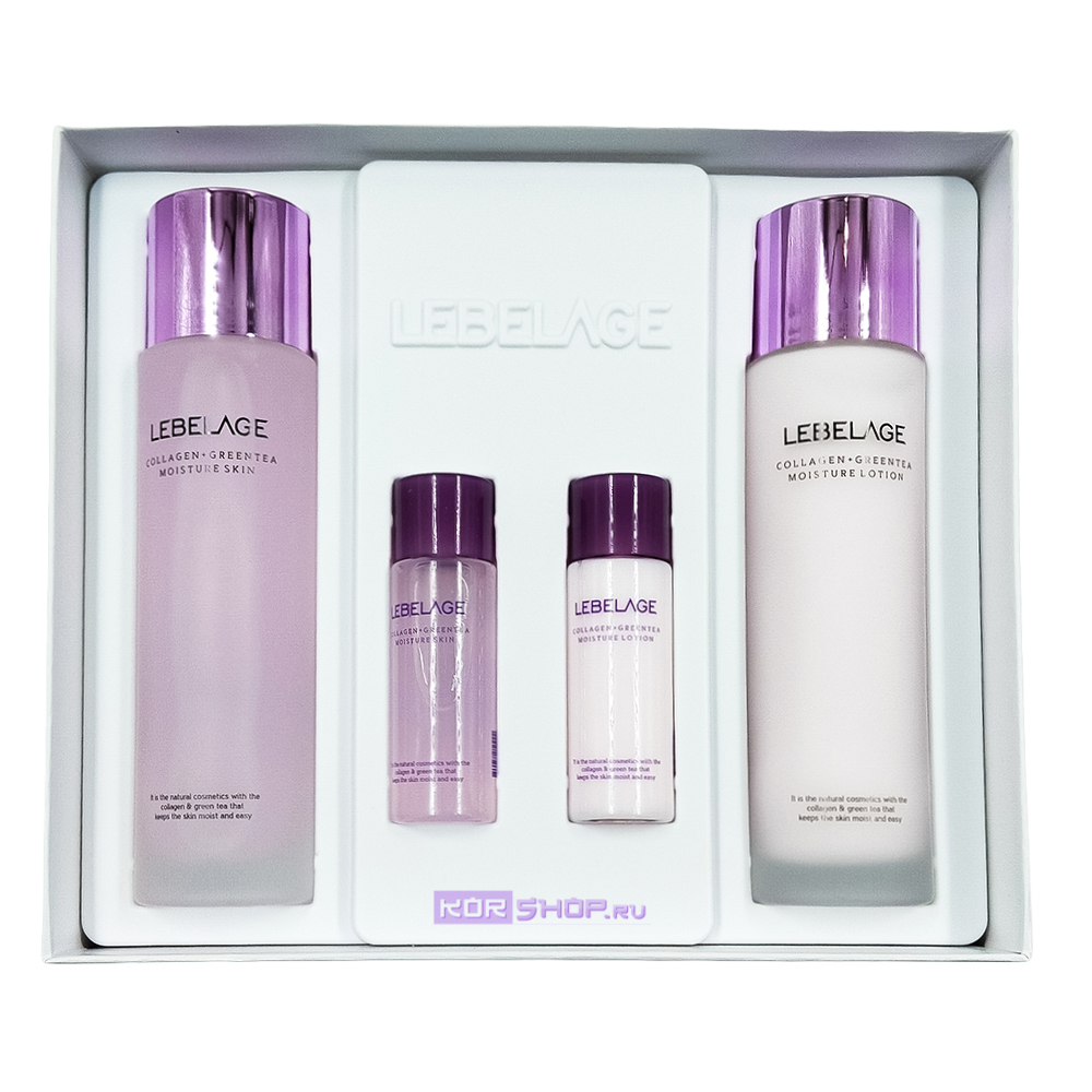 Увлажняющий набор для лица с коллагеном и зеленым чаем (тонер 150 мл, тонер 30 мл, лосьон 150 мл, лосьон 30 мл) Collagen + Green Tea Moisture 2SET Lebelage, Корея