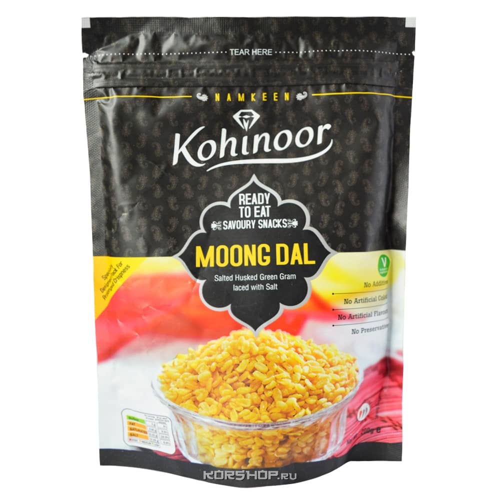 Пропитанные солью снэки из очищенной зеленой фасоли Moong Dal Kohinoor, Индия, 200 г,
