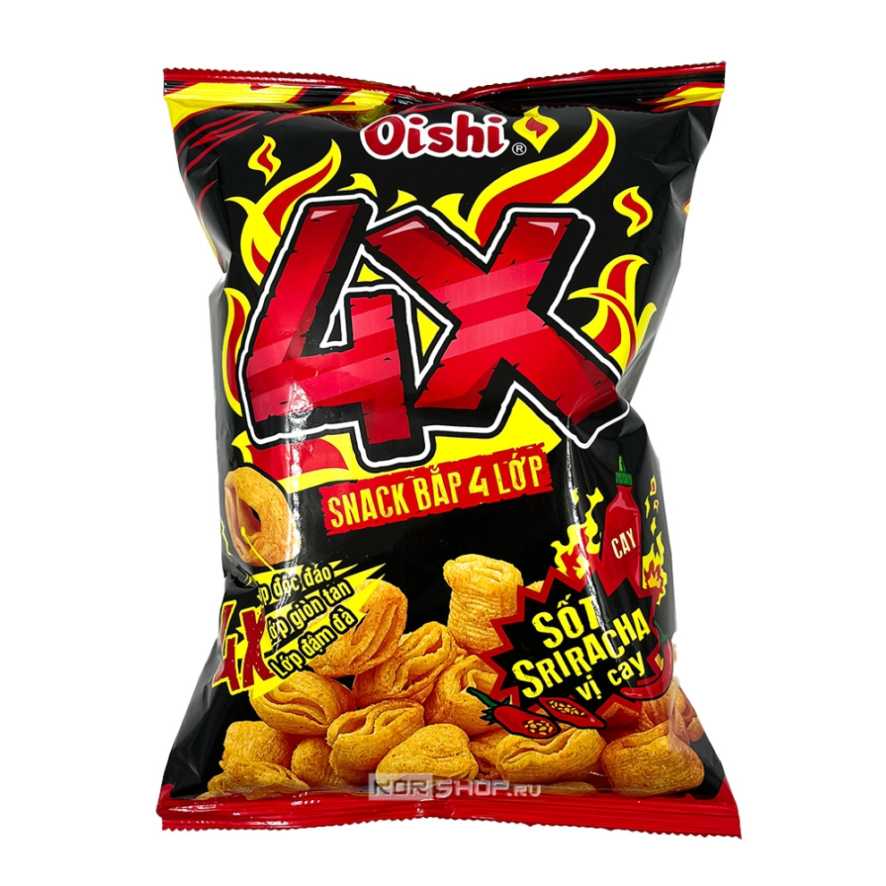 Чипсы кукурузные со вкусом острого соуса Шрирача 4X Corn Snack Oishi, Вьетнам, 68 г Чипсы кукурузные со вкусом острого соуса Шрирача 4X Corn Snack Oishi, Вьетнам, 68 г