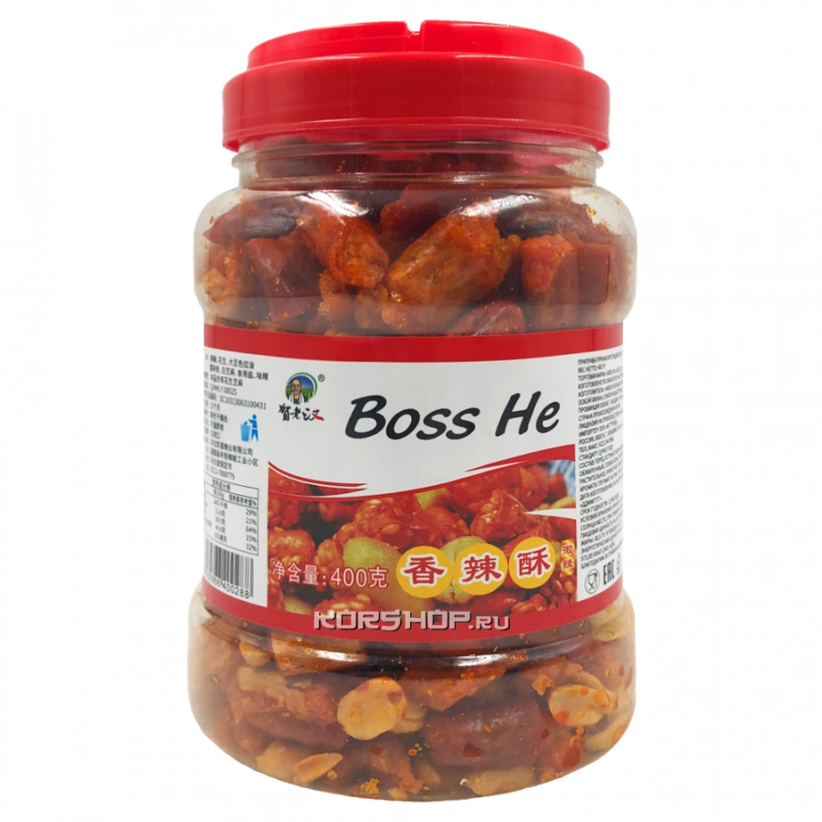 Хрустящая пряная приправа с арахисом и перцем Boss He, Китай, 400 г.