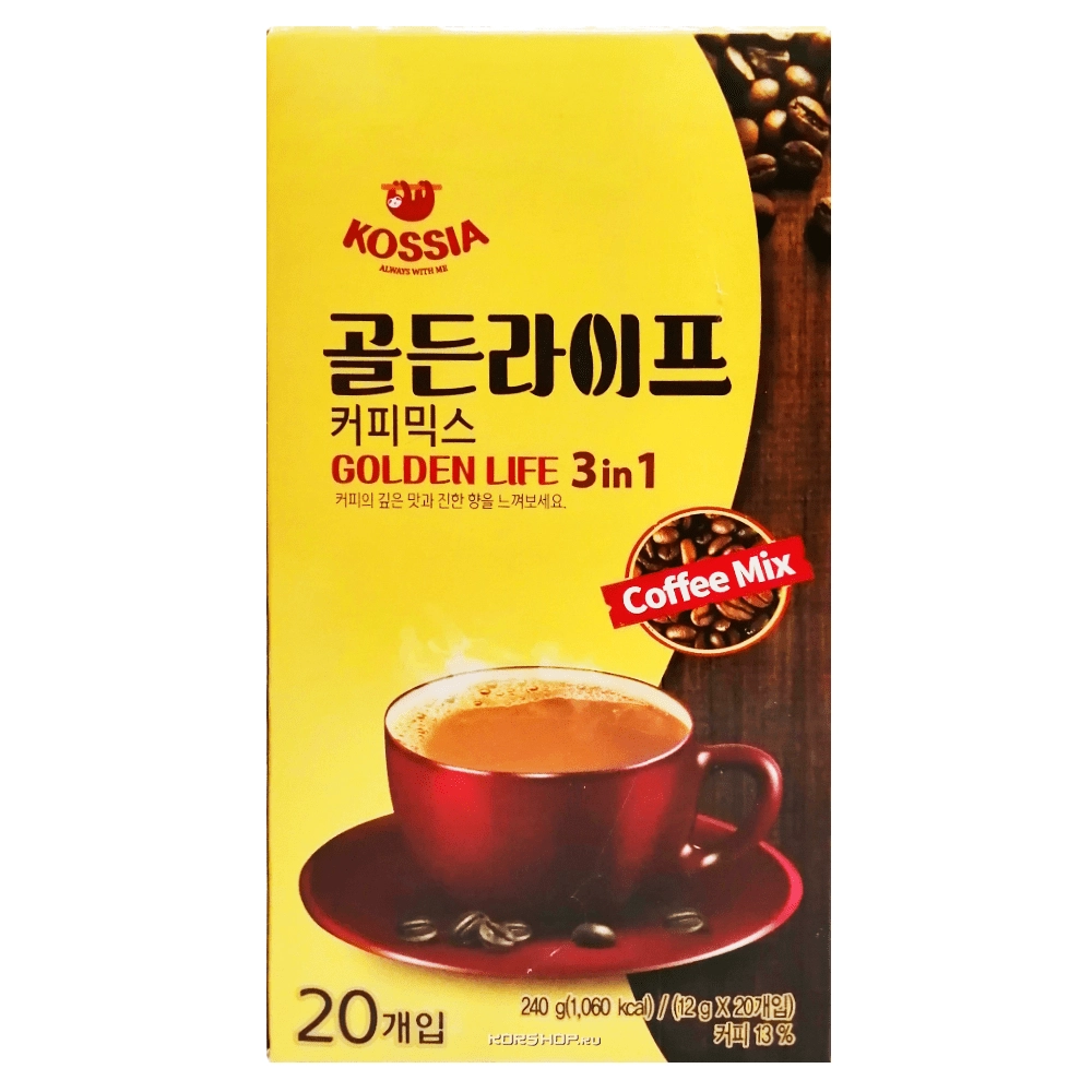 Растворимый кофейный напиток 3 в 1 Golden Life Kossia, Корея, 240 г