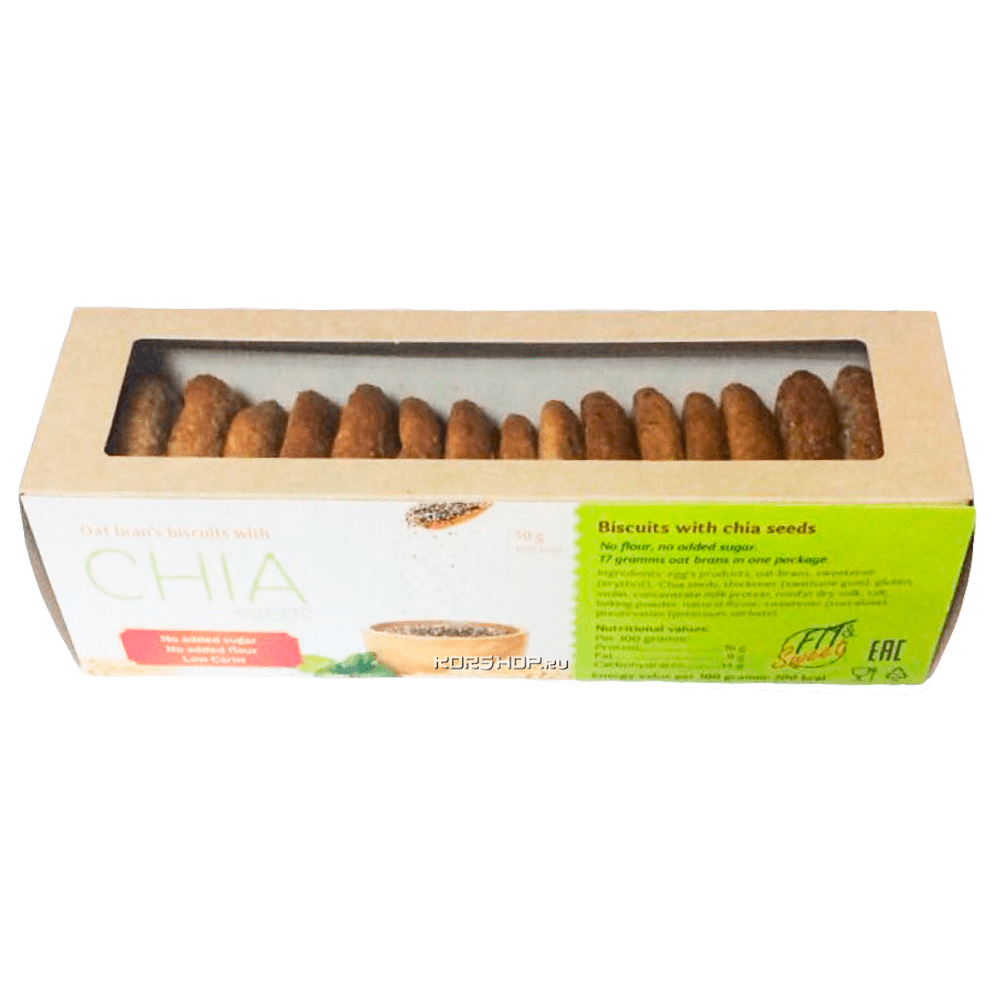 Низкокалорийное печенье из овсяных отрубей с семенами Чиа Fit and Sweet, 50 г