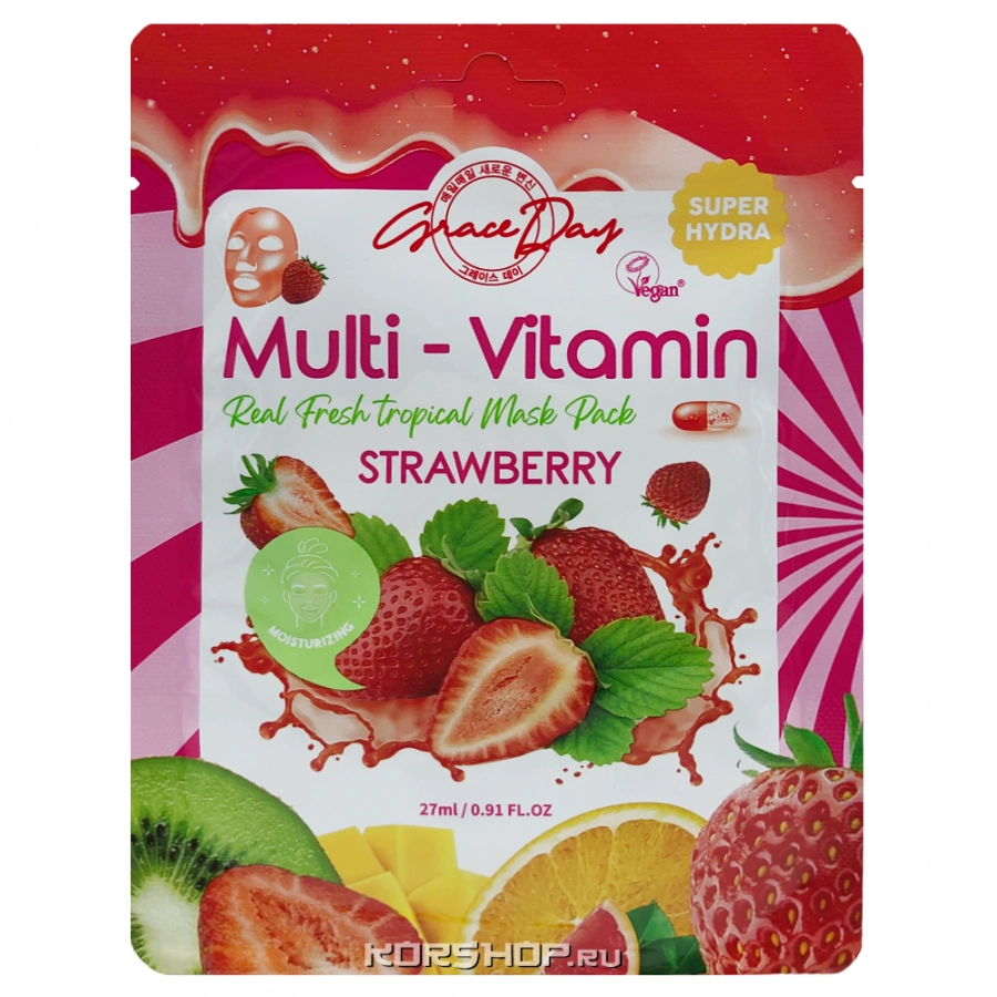Тканевая маска для лица с экстрактом клубники Multy-Vitamin Grace Day, Корея, 27 мл