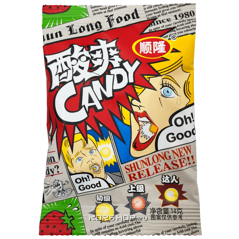 Кислая конфета со вкусом клубники в бумажной упаковке SHAN LONG, Китай, 14 г