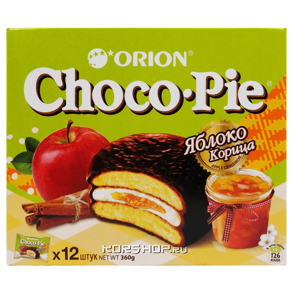 Прослоенное глазированное пирожное с яблоком и корицей Choco Pie Orion, Корея, 360 г