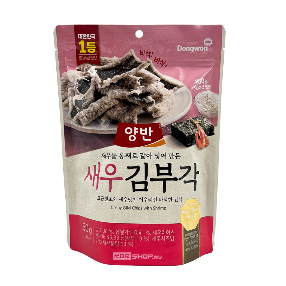 Хрустящие чипсы из морских водорослей со вкусом креветки Dongwon, Корея, 50 г
