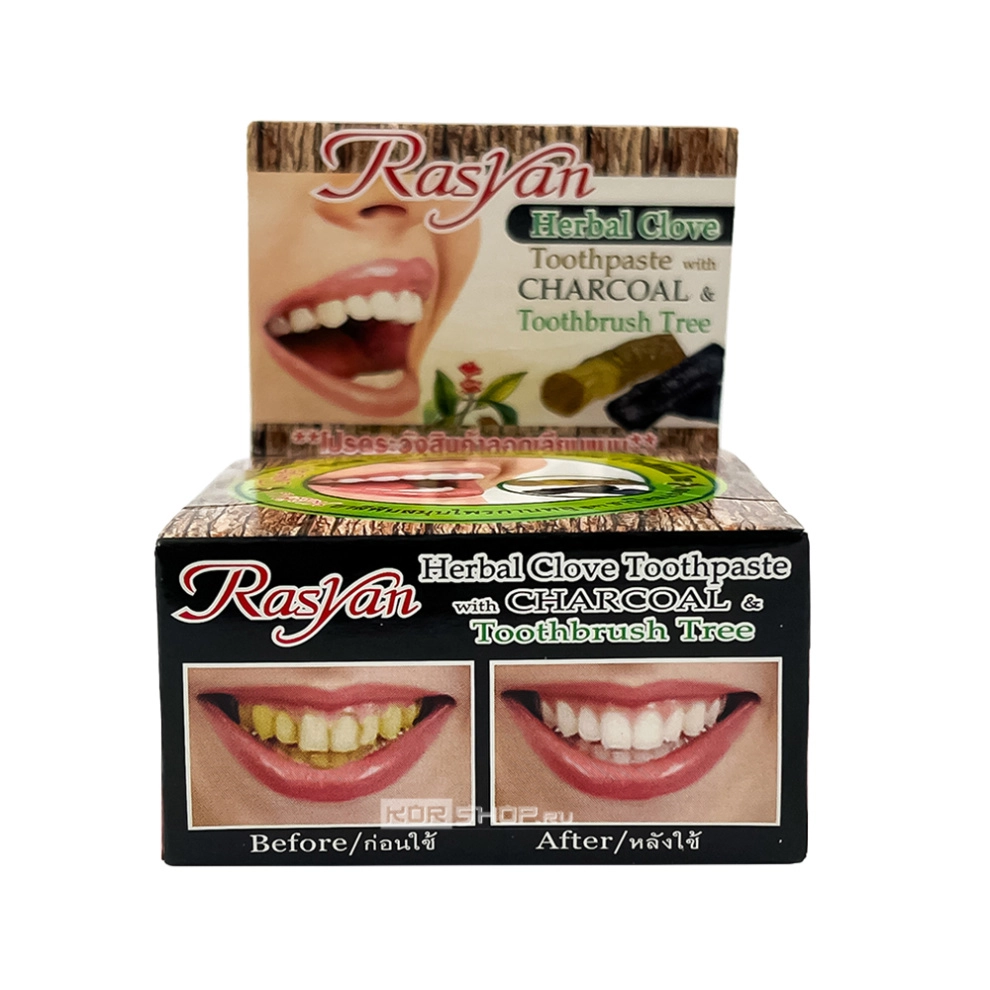 Травяная зубная паста «Райсан» с гвоздикой, углем и зубощеточным деревом Rasyan Herbal Clove Toothpaste with Charcoal & Toothbrush Tree, Таиланд, 25 г