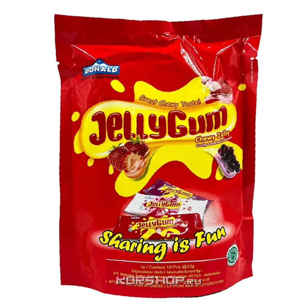 Желе жевательное конняку со вкусами виноград, клубника и личи Jellygum Red Donald Makmur, Индонезия, 230 г