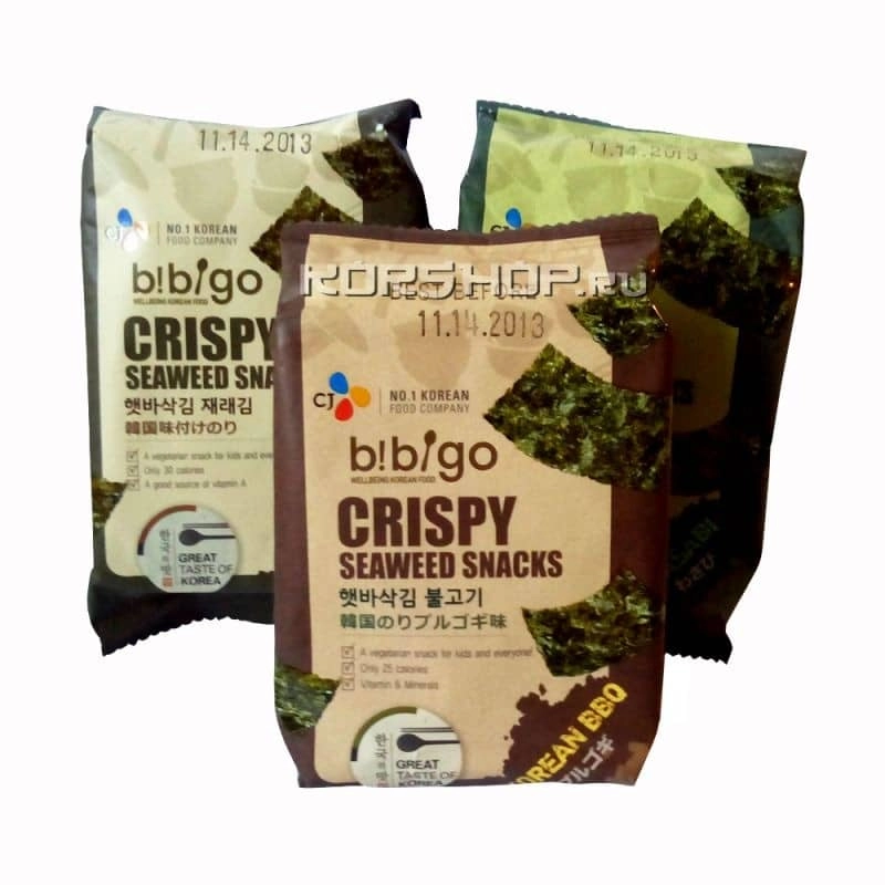 Блок (3 уп. по 5 г) Хрустящая морская капуста со вкусом барбекю Bibigo CJ, Корея, 5 г х 3 шт.