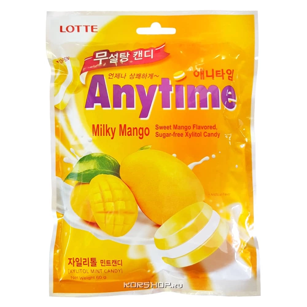 Леденцовая карамель без сахара со вкусом молока и манго Xylitol Anytime, Корея, 60 г