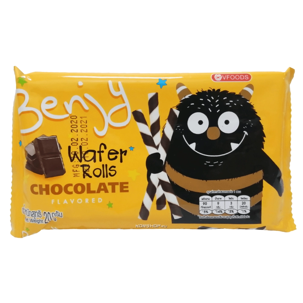 Вафельные трубочки с шоколадной начинкой Benjy VFoods, Таиланд, 20 г. Вафельные трубочки с шоколадной начинкой Benjy VFoods, Таиланд, 20 г.