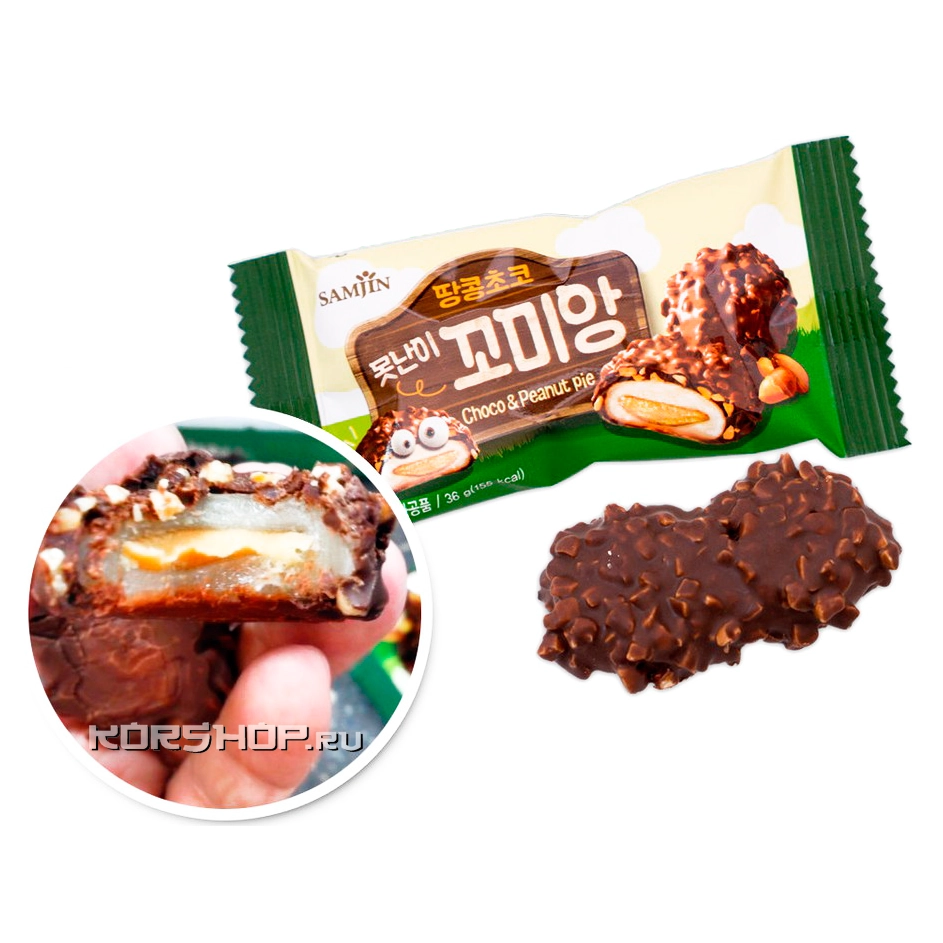 Моти в шоколаде с ореховой начинкой и кусочками арахиса Samjin, Корея, 36 г
