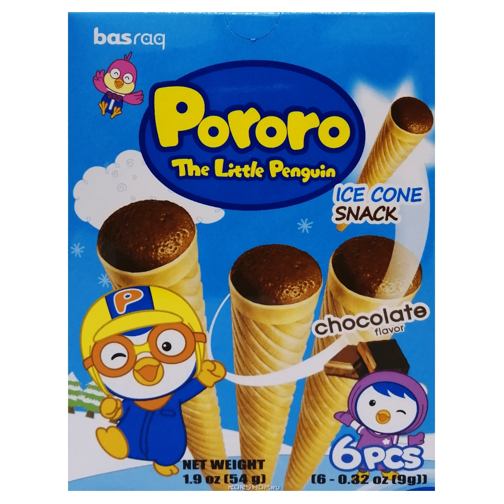Снэк в виде рожка со вкусом шоколада Ice Con Pororo, Корея, 54 г