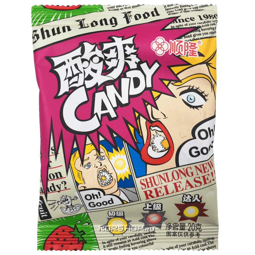 Кислые конфеты со вкусом клубники Shun Long Food, Китай, 20 г Кислые конфеты со вкусом клубники Shun Long Food, Китай, 20 г