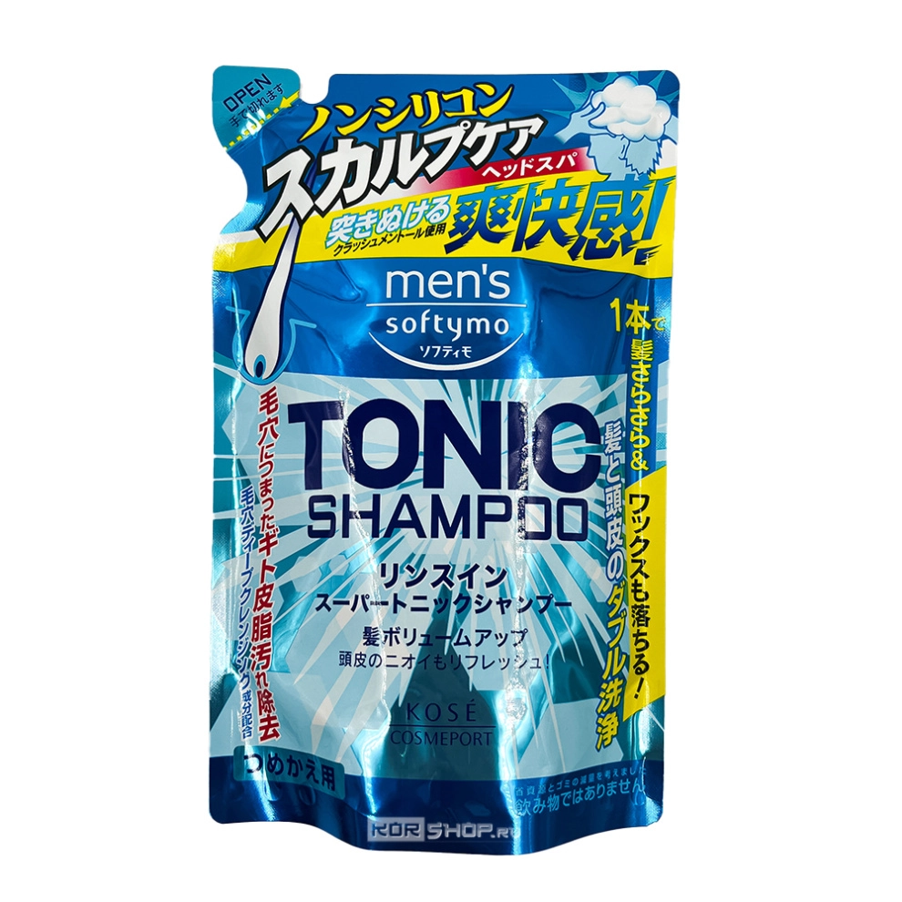 Мужской шампунь-кондиционер очищающий и охлаждающий с краш-ментолом для волос и кожи головы Softymo Men’s Kose Cosmeport (м/у), Япония, 400 мл