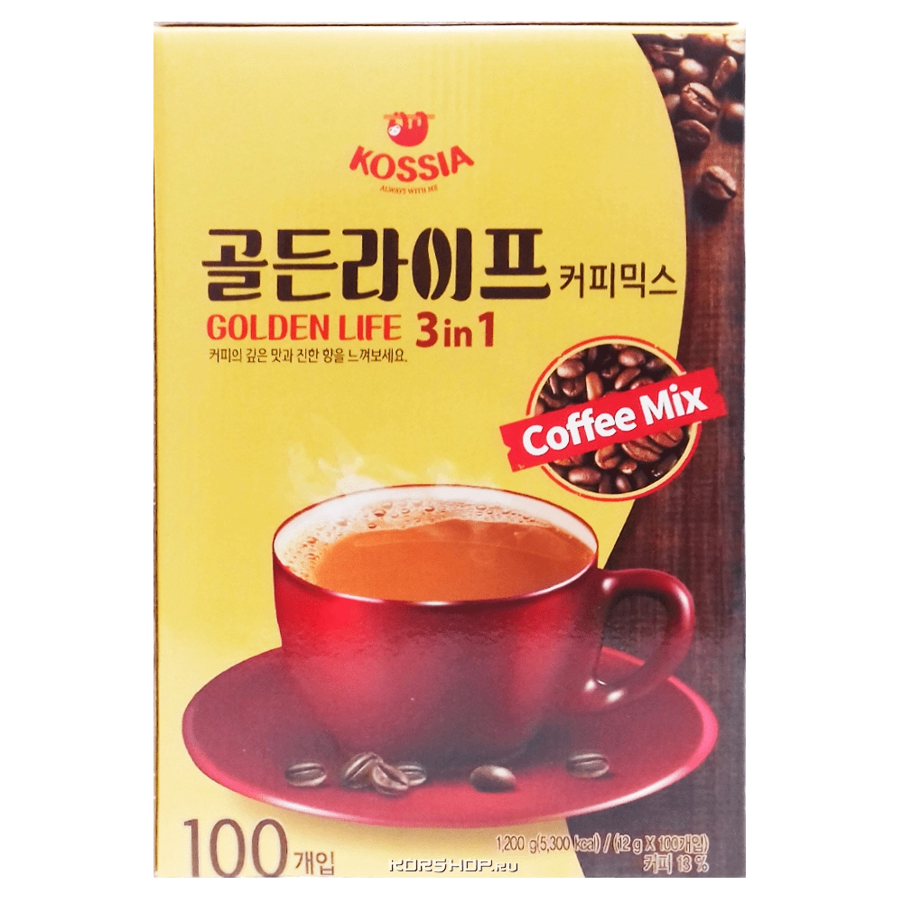 Растворимый кофейный напиток 3 в 1 Golden Life 100шт*12 г Kossia, Корея, 1200 г