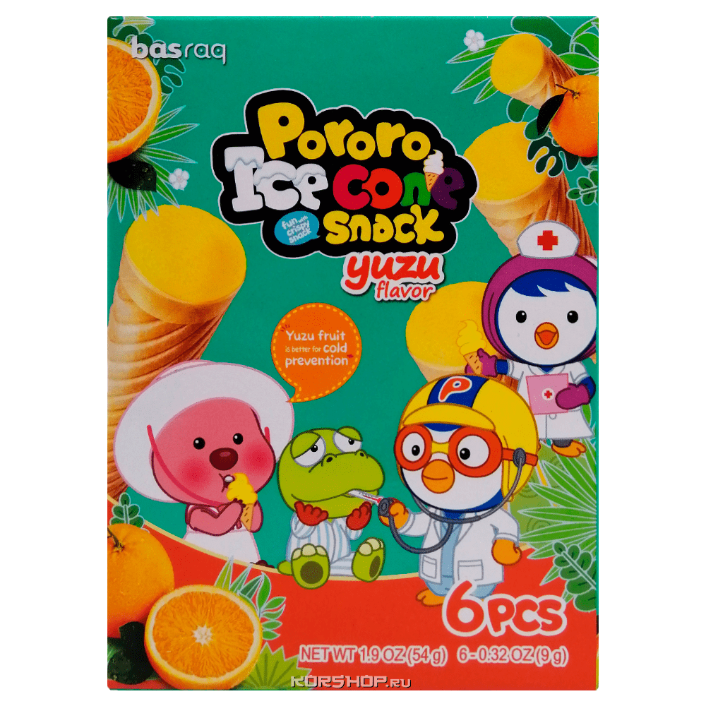 Снэк в виде рожка со вкусом юдзу Pororo, Корея, 54 г