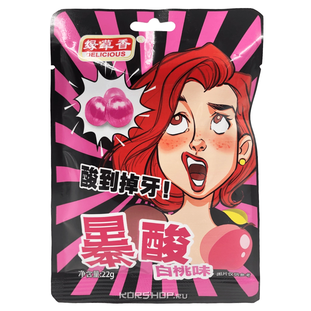 Супер кислые леденцы со вкусом персика Green Grass, Китай, 22 г