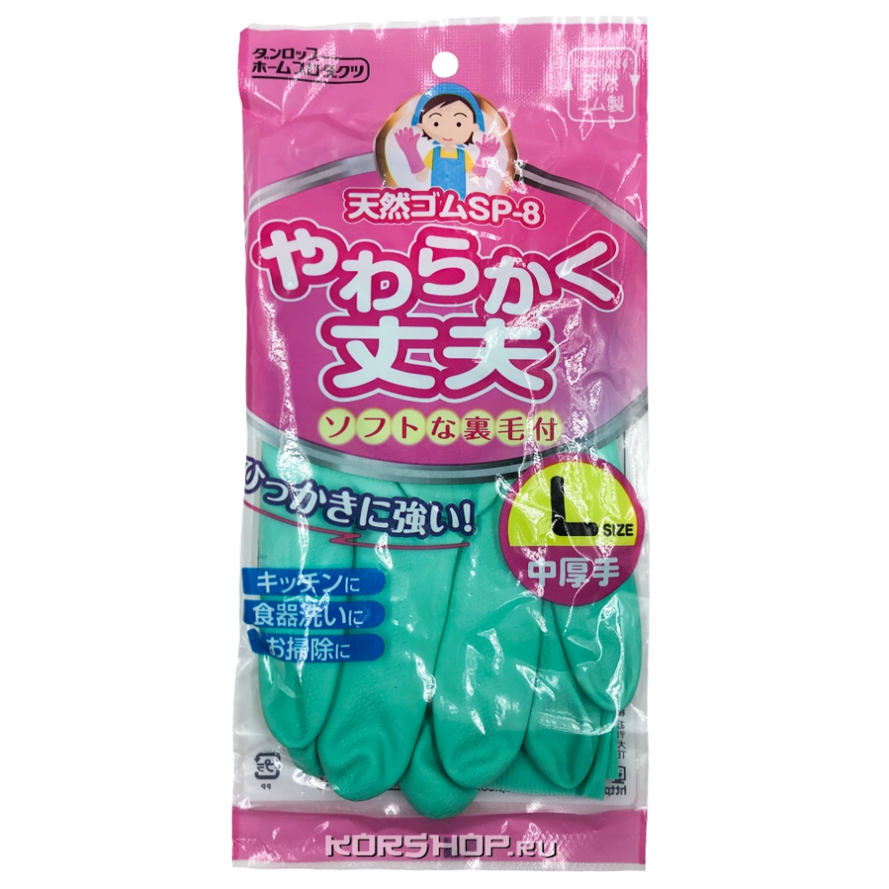 Перчатки хоз. средней толщины из каучука с хлопковым покрытием зеленые Dunlop H.P. (размер L), Япония