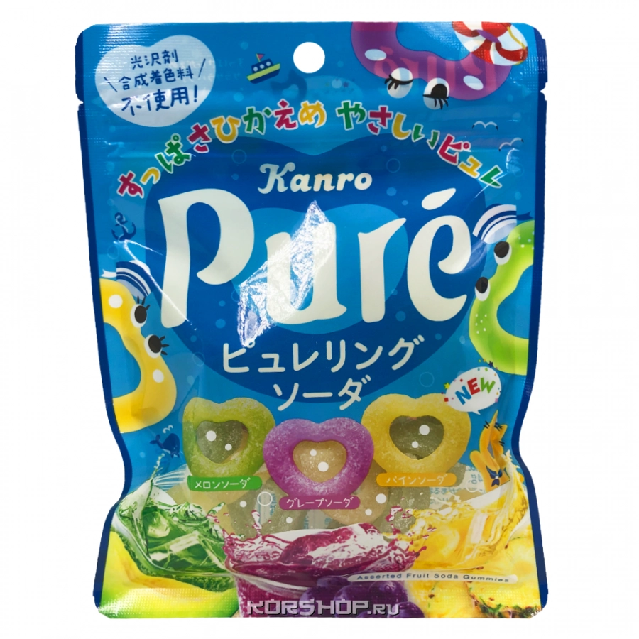 Жевательный мармелад со вкусом содовой (в форме колечек) Pure Kanro, Япония, 63 г Жевательный мармелад со вкусом содовой (в форме колечек) Pure Kanro, Япония, 63 г