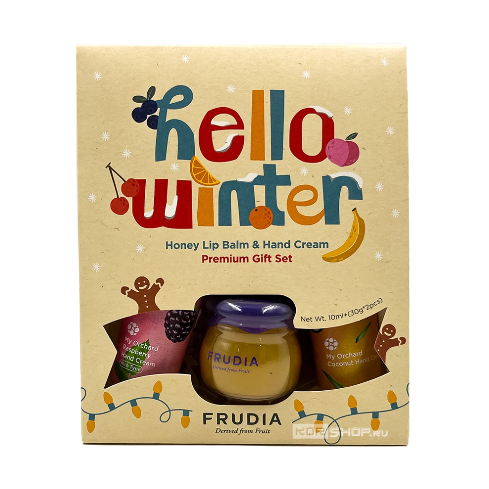 Подарочный набор «Зимний» (бальзам для губ 10 мл + кремы для рук малина/кокос 30 г*2 шт) Hello Winter №2 Honey Lip Balm &amp; Hand Cream Gift Set Frudia, Корея