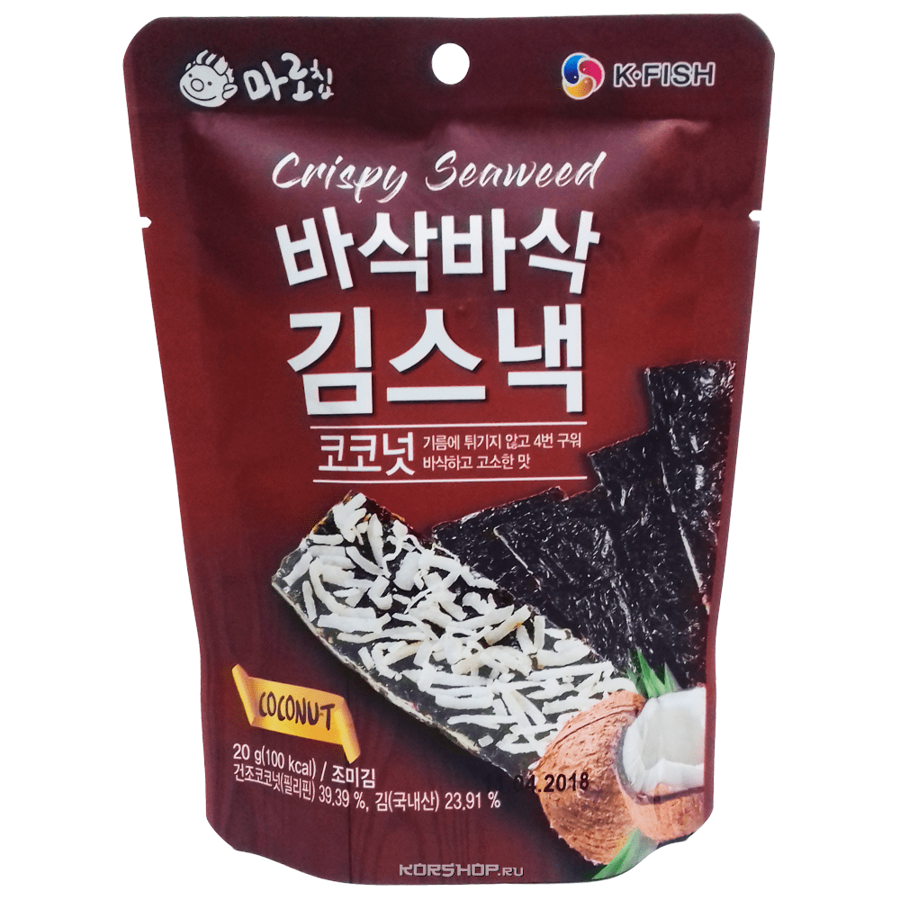 Хрустящие чипсы из водорослей с кокосом Marochip, Корея, 20 г,
