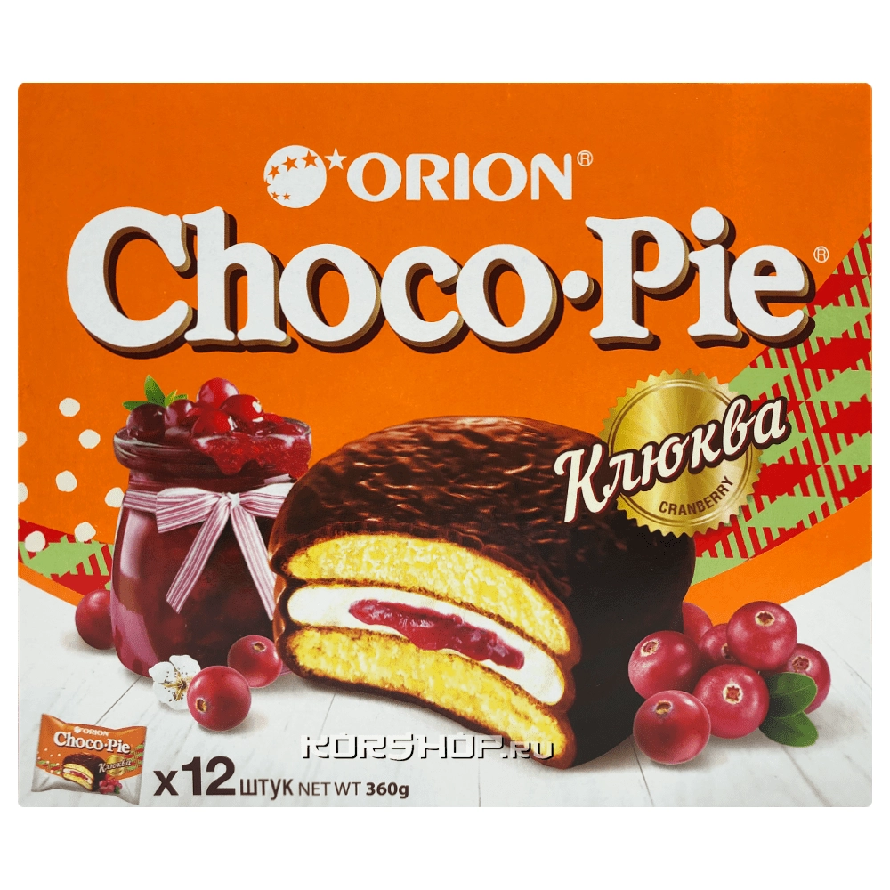 Прослоенное глазированное пирожное с клюквой Choco Pie Orion, 360 г.