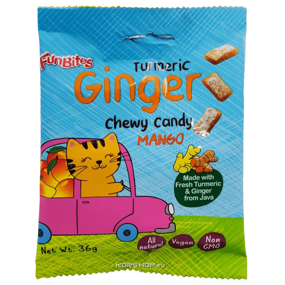 Жевательные конфеты с имбирем со вкусом манго FunBites, Индонезия, 36 г...