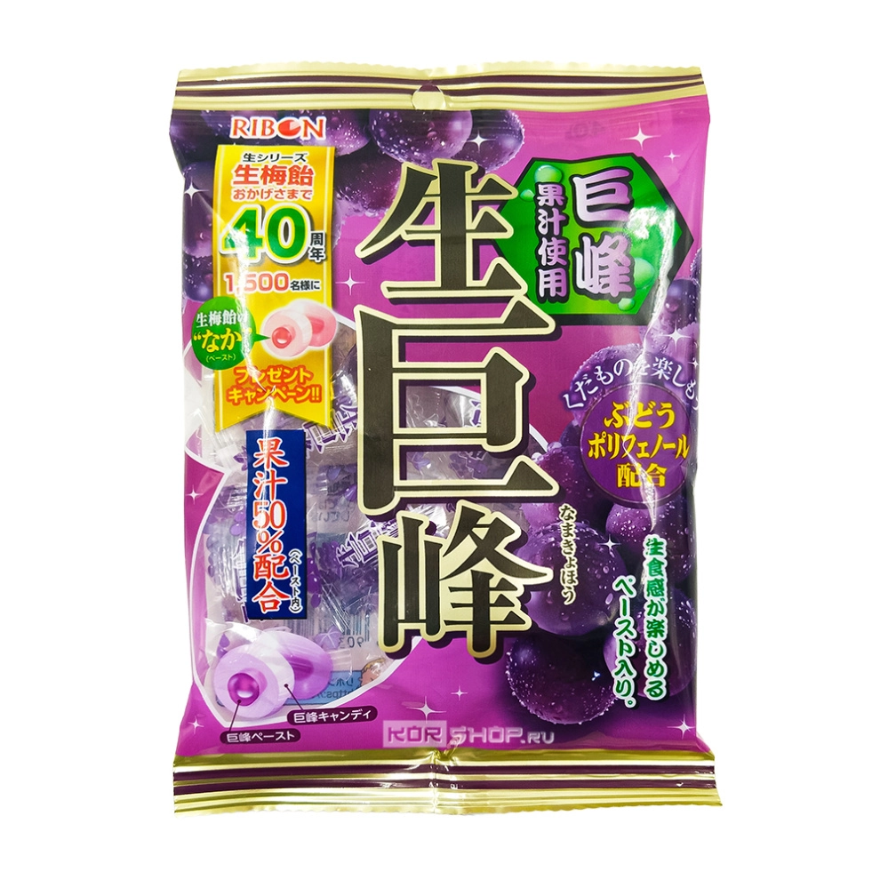Леденцовая карамель с начинкой со вкусом винограда Nama Kyohou Ribon, Япония, 54 г