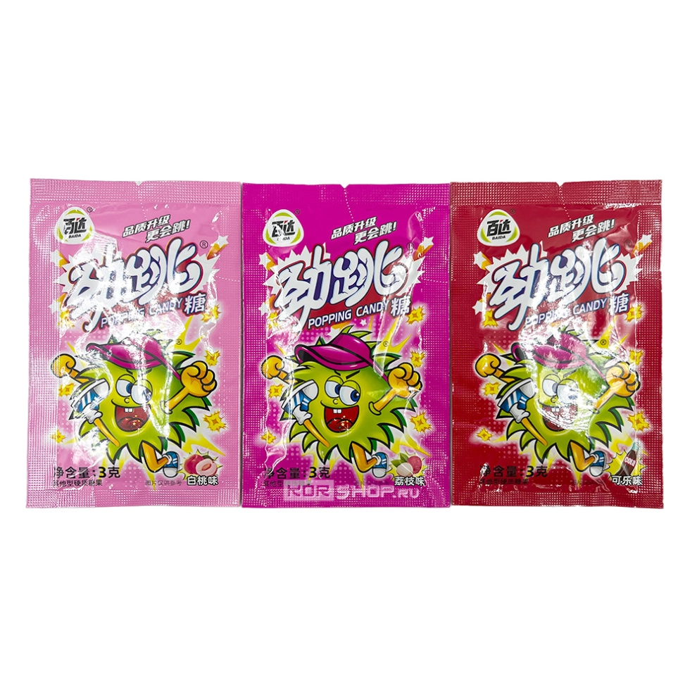 Шипучая конфета со вкусом кока-колы, личи и персика (случайный вкус) BaiDa, Китай, 1шт (3 г) Шипучая конфета со вкусом кока-колы, личи и персика (случайный вкус) BaiDa, Китай, 1шт (3 г)