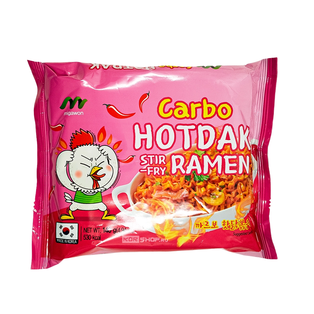 Лапша б/п острая со вкусом курицы и соуса Карбонара Хотдак (Hotdak) Migawon, Корея, 140 г
