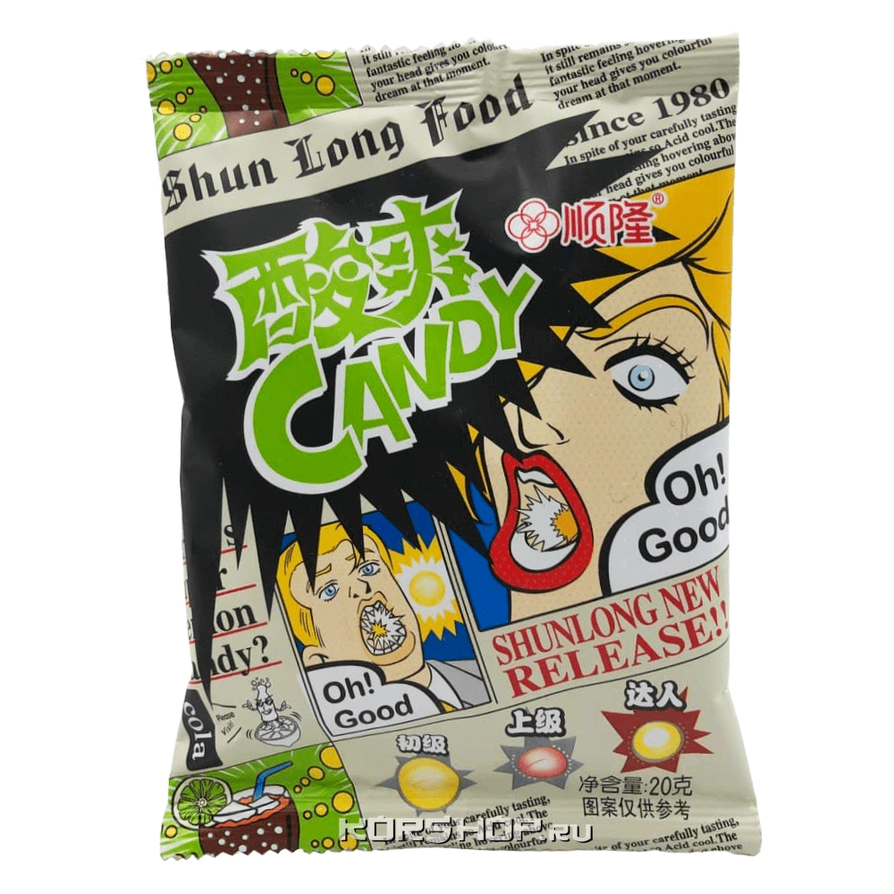Кислые конфеты со вкусом лимонной колы Shun Long Food, Китай, 20 г Кислые конфеты со вкусом лимонной колы Shun Long Food, Китай, 20 г