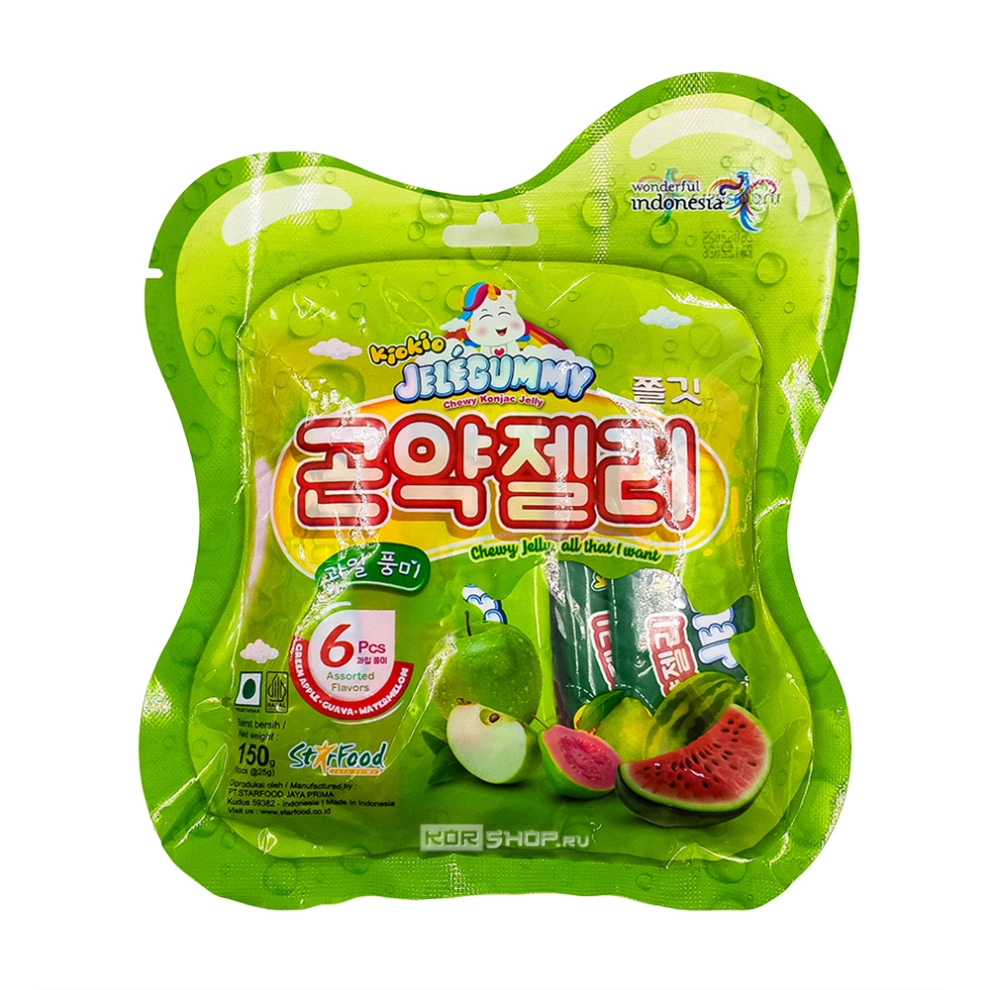Желе жевательное конняку со вкусами арбуза, гуавы, зеленого яблока (Green Pack) JeleGummy KioKio Star Food, Индонезия, 150 г