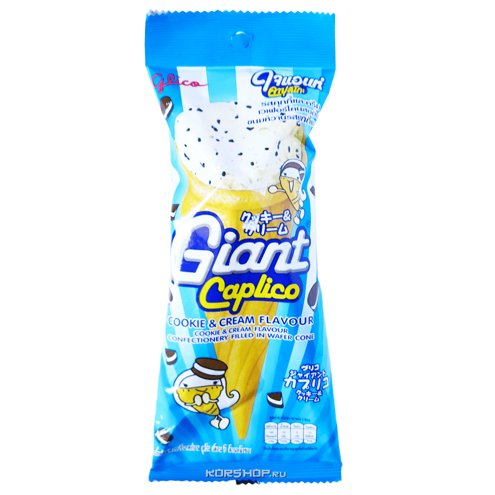 Воздушный десерт со вкусом сливочного крема и печенья в вафельном рожке Giant Caplico Glico, Таиланд, 28 г