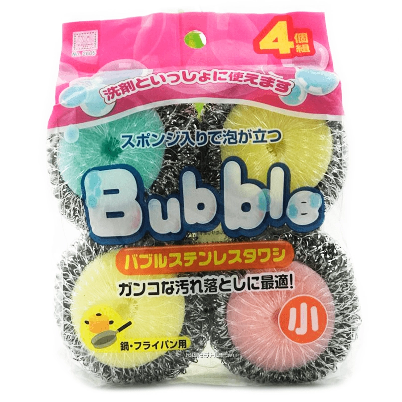 Губка кухонная "Пузырь" со стальной спиралью в сеточке Kokubo, 4 шт Губка кухонная "Пузырь" со стальной спиралью в сеточке Kokubo, 4 шт