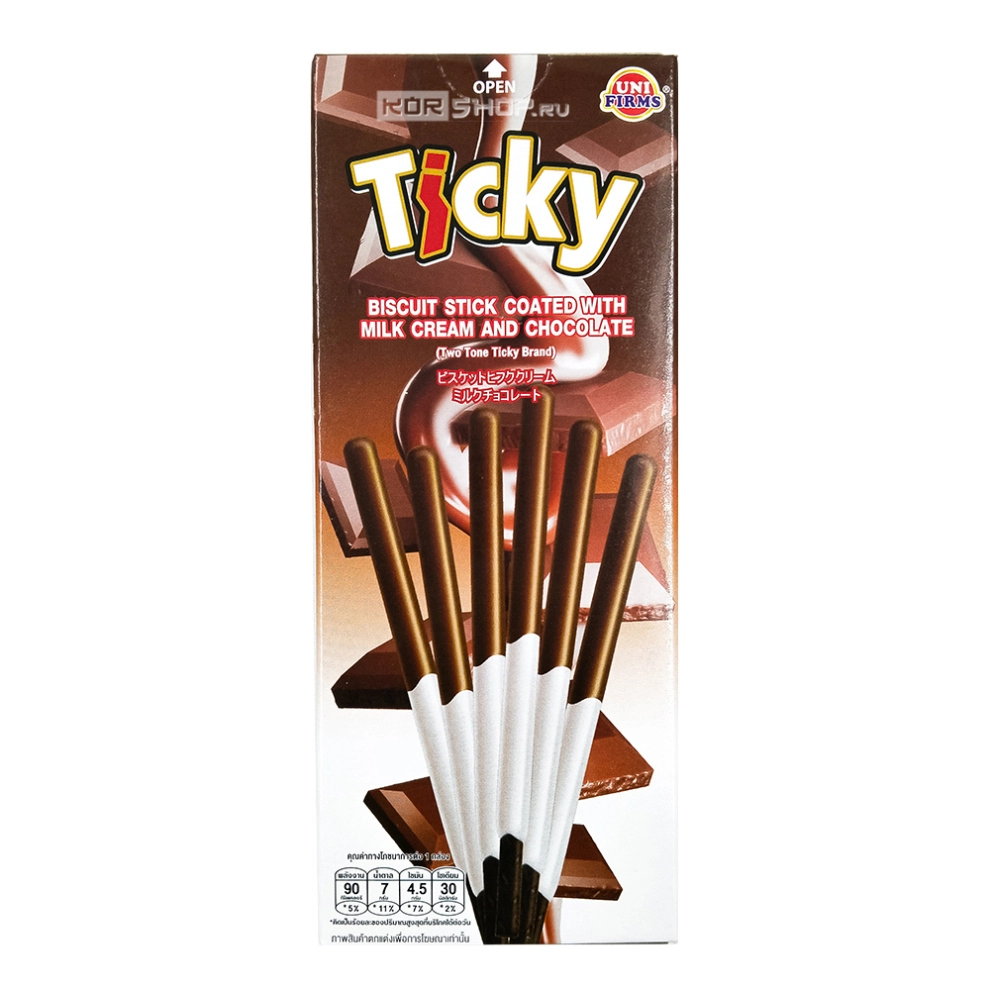 Печенье палочки с молочным кремом и шоколадом Ticky, Таиланд, 18 г Печенье палочки с молочным кремом и шоколадом Ticky, Таиланд, 18 г