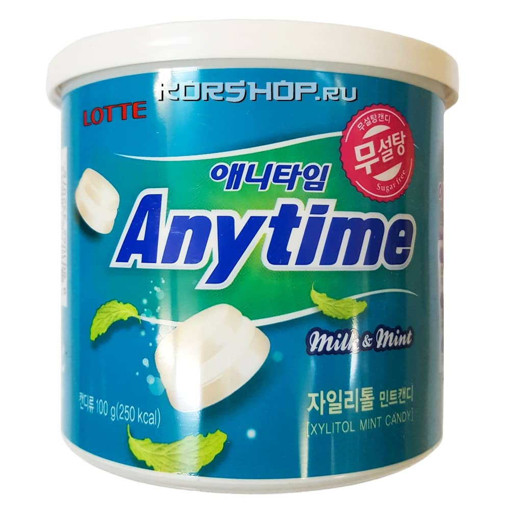 Леденцы без сахара (молочно-мятный вкус) Xylitol Anytime Milk Mint Lotte, Корея, 100 г...