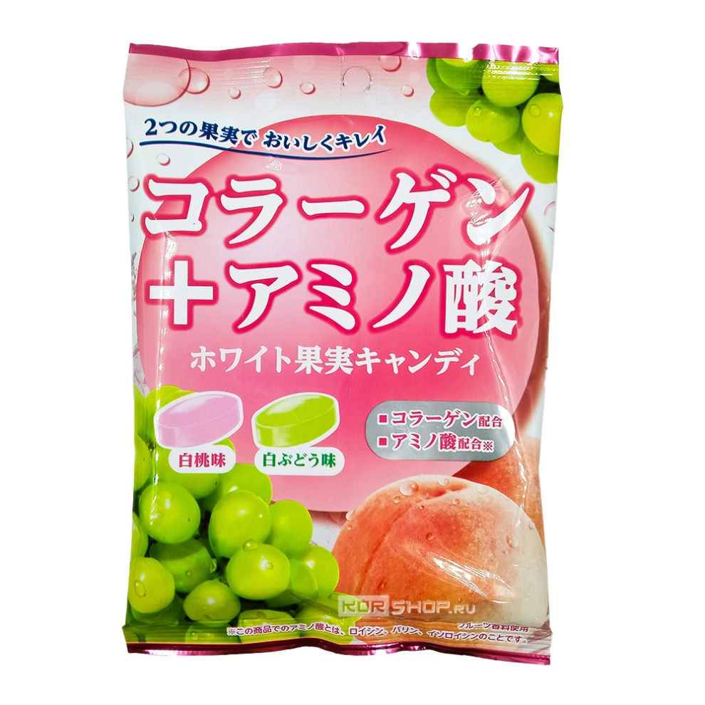 Карамель «Персик и Виноград» с коллагеном и аминокислотами Senjaku, Япония, 52 г
