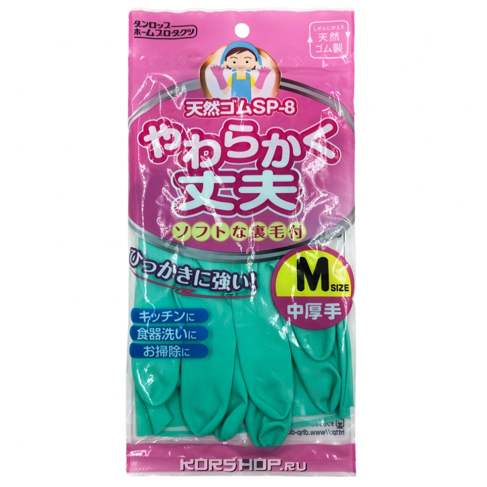 Перчатки хоз. средней толщины каучуковые с хлопковым покрытием зеленые Dunlop H.P. (размер M), Япония