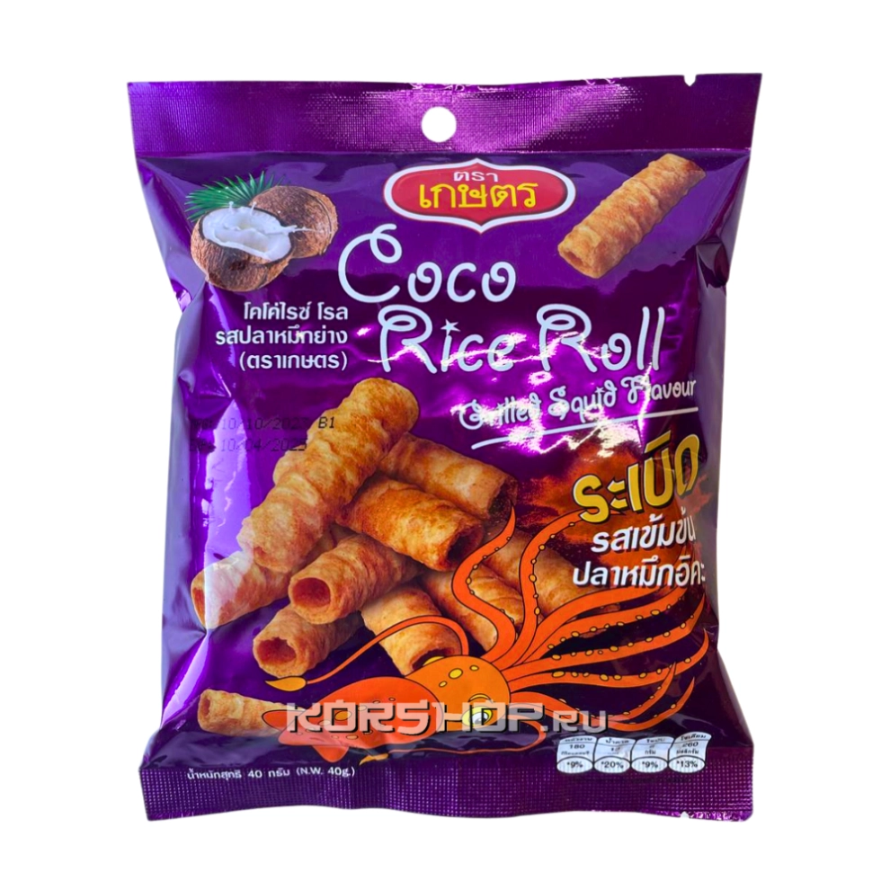 Кокосовые роллы из рисовой муки со вкусом Кальмара Kaset, Таиланд, 40 г Кокосовые роллы из рисовой муки со вкусом Кальмара Kaset, Таиланд, 40 г