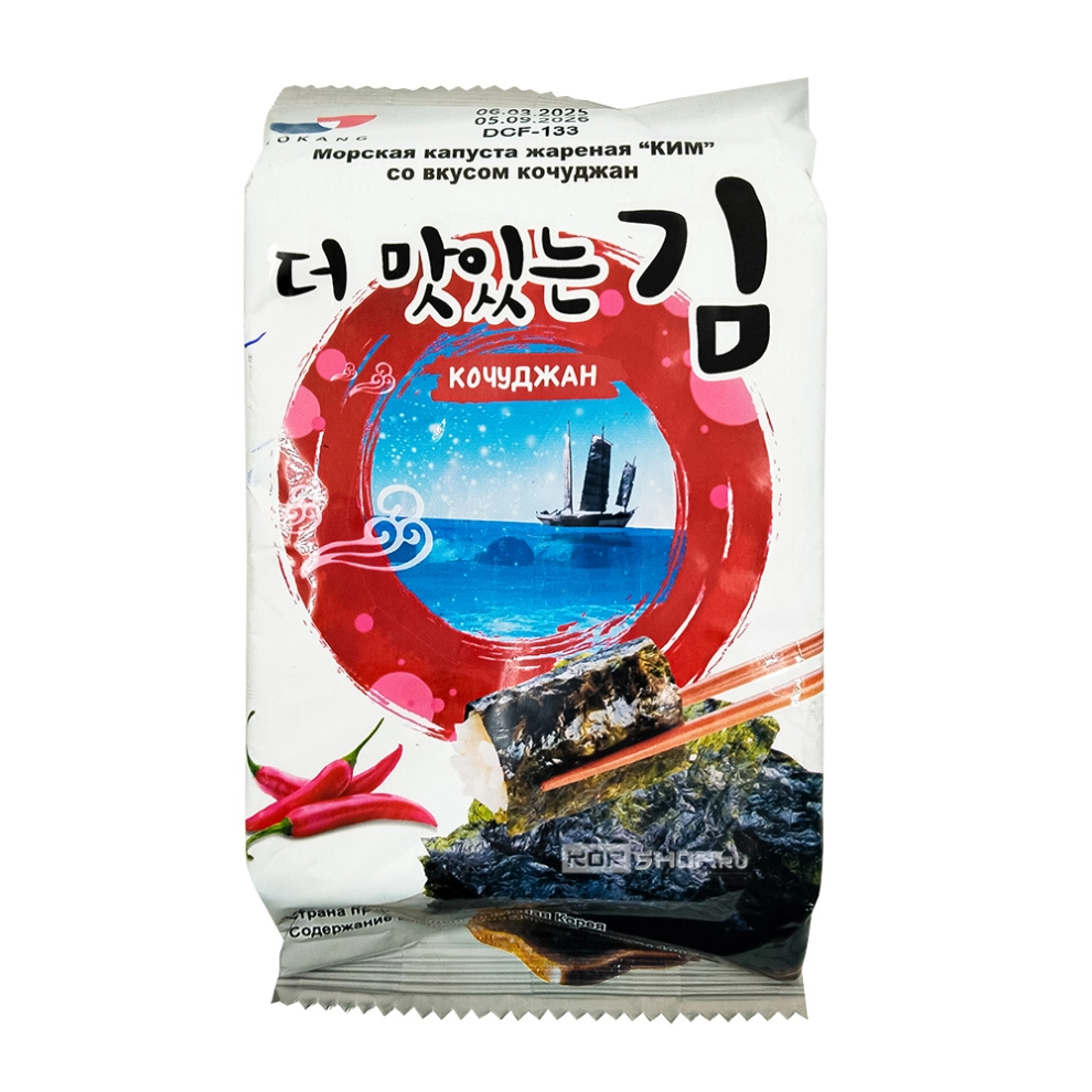 Блок (12 уп. по 5 г) Жареная морская капуста «Ким» со вкусом острой корейской приправы Кочуджан (10 листов) Ви Си Эй / VCA, Корея, 5 г х 12 шт.