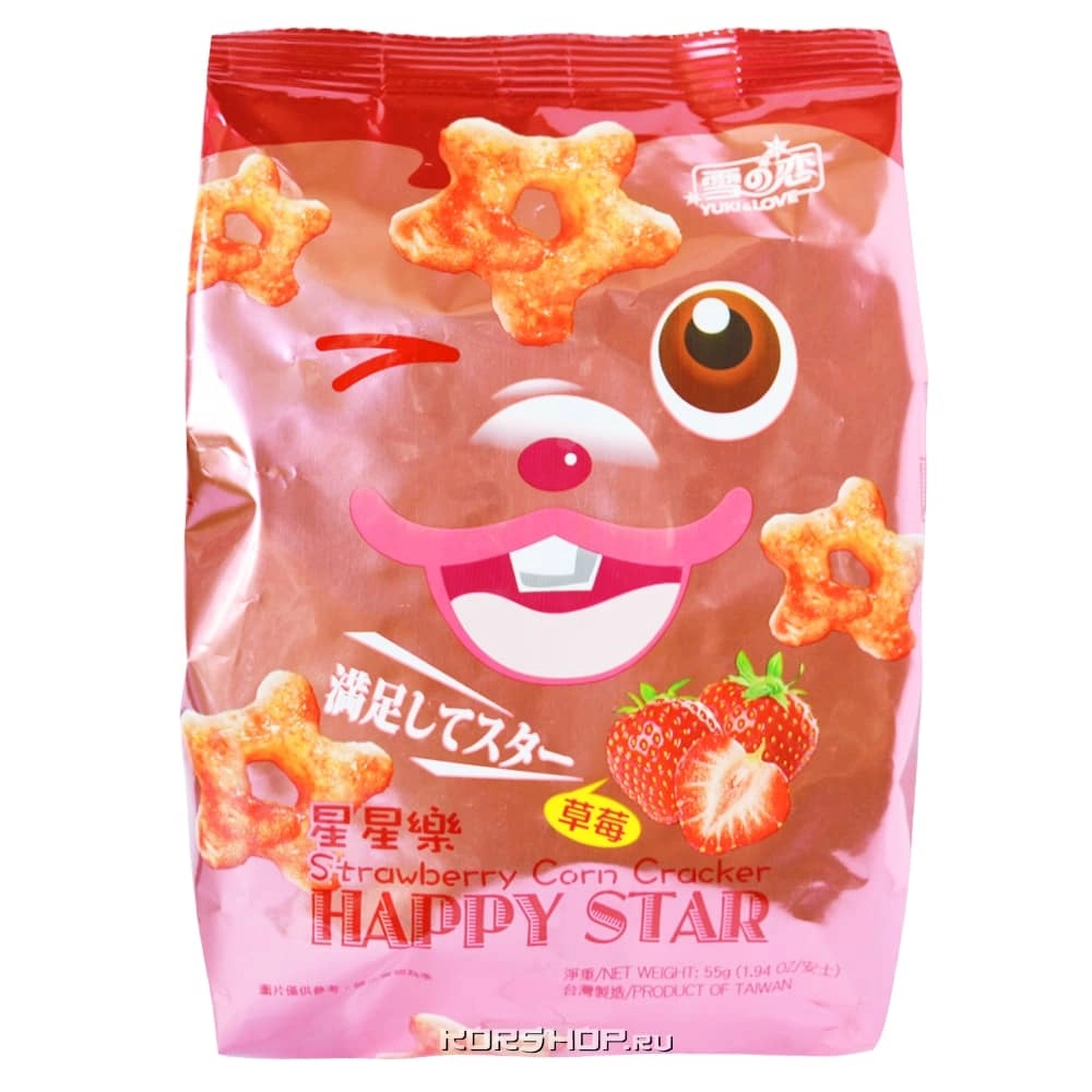 Кукурузные звездочки «Хэппи Стар Юки» со вкусом клубники, Тайвань, 55 г Кукурузные звездочки «Хэппи Стар Юки» со вкусом клубники, Тайвань, 55 г