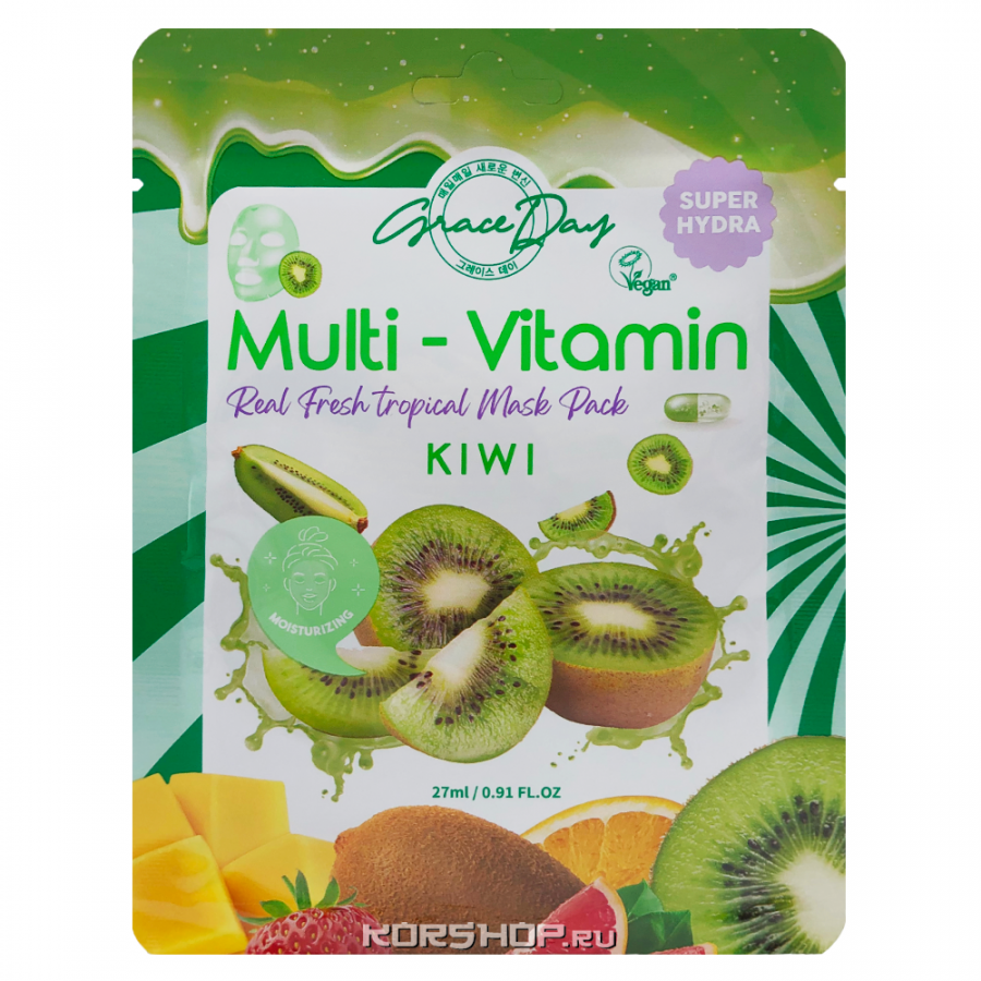 Тканевая маска для лица с поливитаминами и экстрактом киви Multy-Vitamin Grace Day, Корея, 27 мл