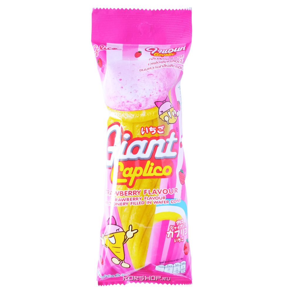 Воздушный десерт со вкусом клубники в вафельном рожке Giant Caplico Glico, Таиланд, 28 г