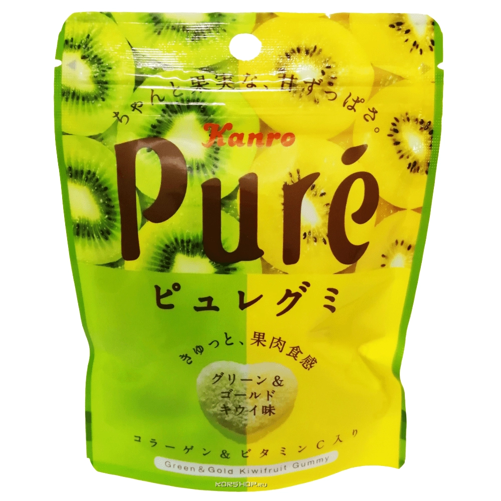 Жевательный мармелад со вкусом зеленого и желтого киви Pure Kanro, Япония, 56 г Жевательный мармелад со вкусом зеленого и желтого киви Pure Kanro, Япония, 56 г