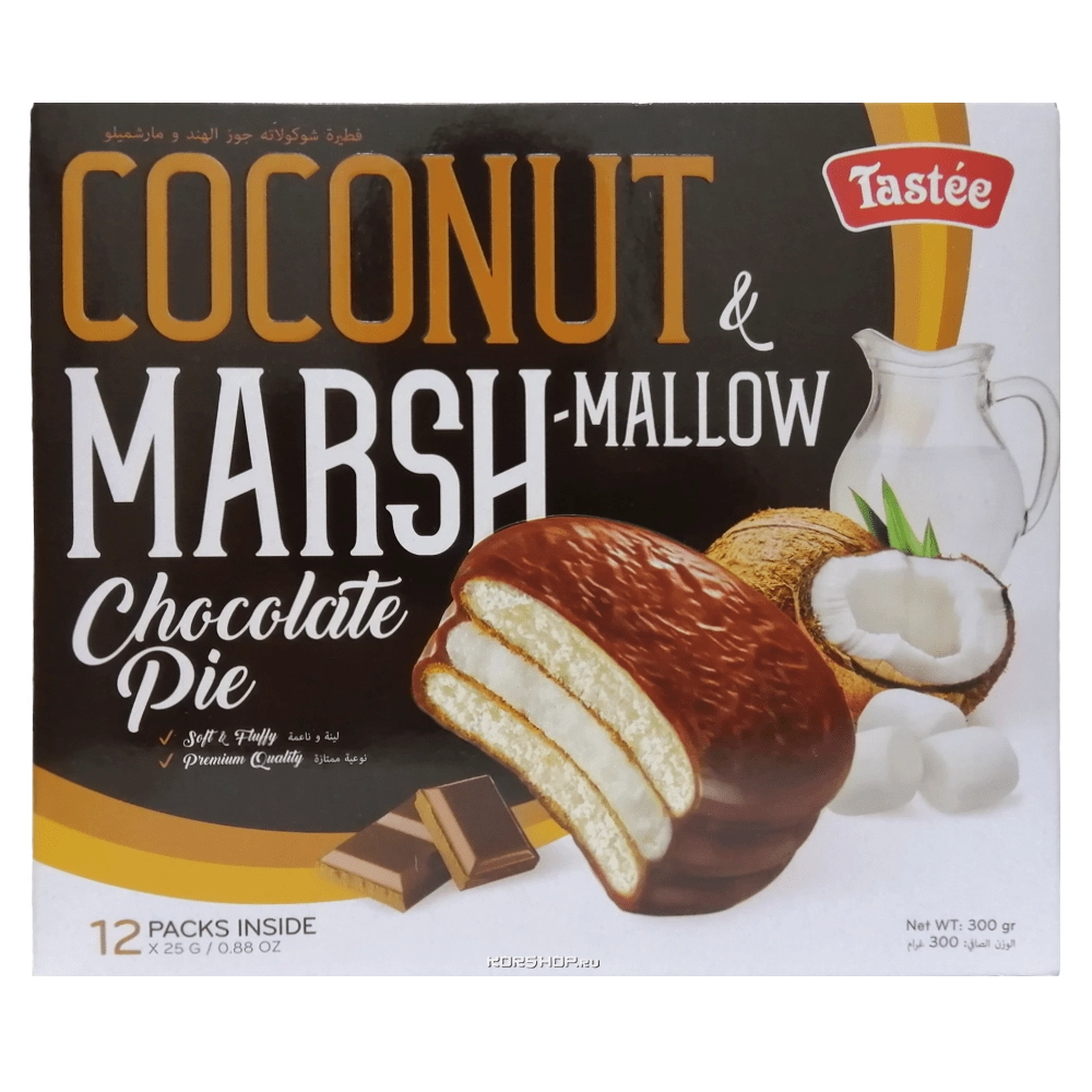 Пирожные в шоколадной глазури с кокосом Coconut and Marshmallow Choco Pie Tastee (12 шт.), 300 г Пирожные в шоколадной глазури с кокосом Coconut and Marshmallow Choco Pie Tastee (12 шт.), 300 г
